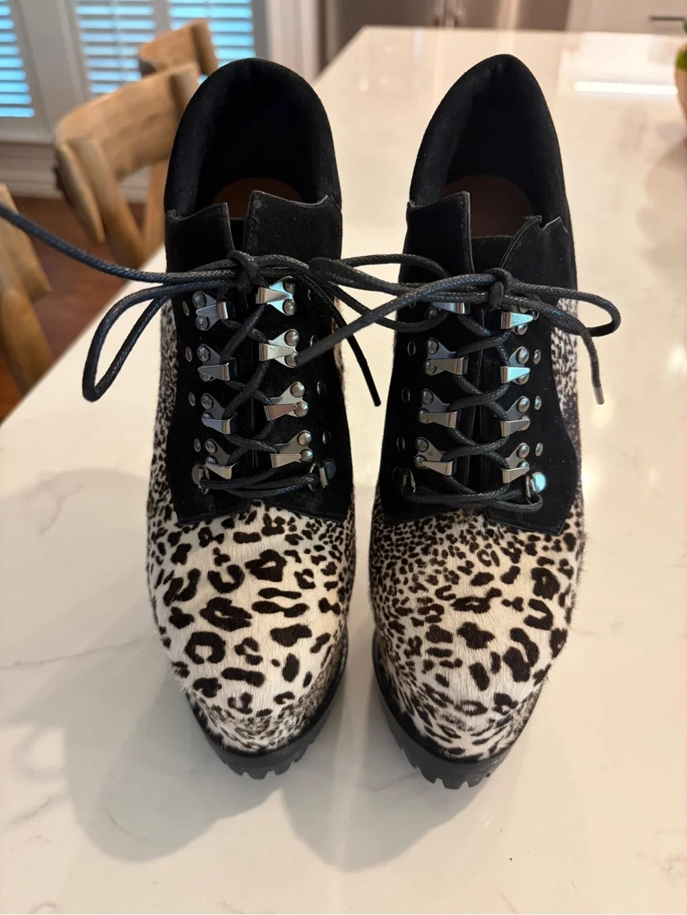 ALAIA Black/White Leopard Print Calf Hair And Suede High Heeled Platform Shoes